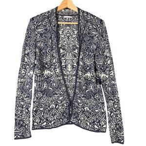 Peruvian Connection Pima Cotton Damask Floral Bird Cardigan Navy Cream Medium